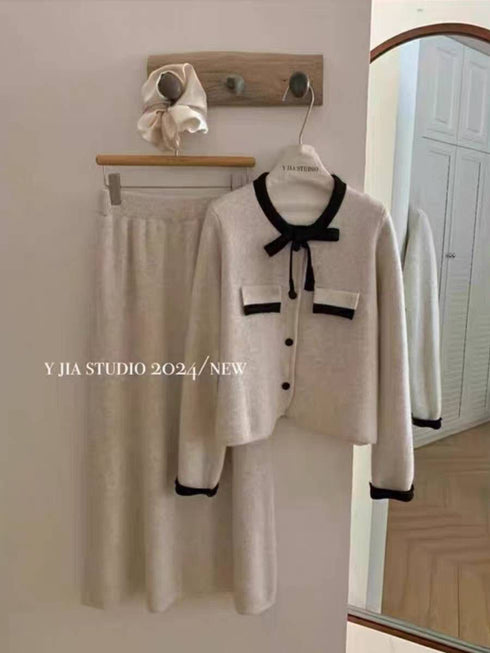 Premium Ribbon Collar Soft Sweater With Skirts Sets